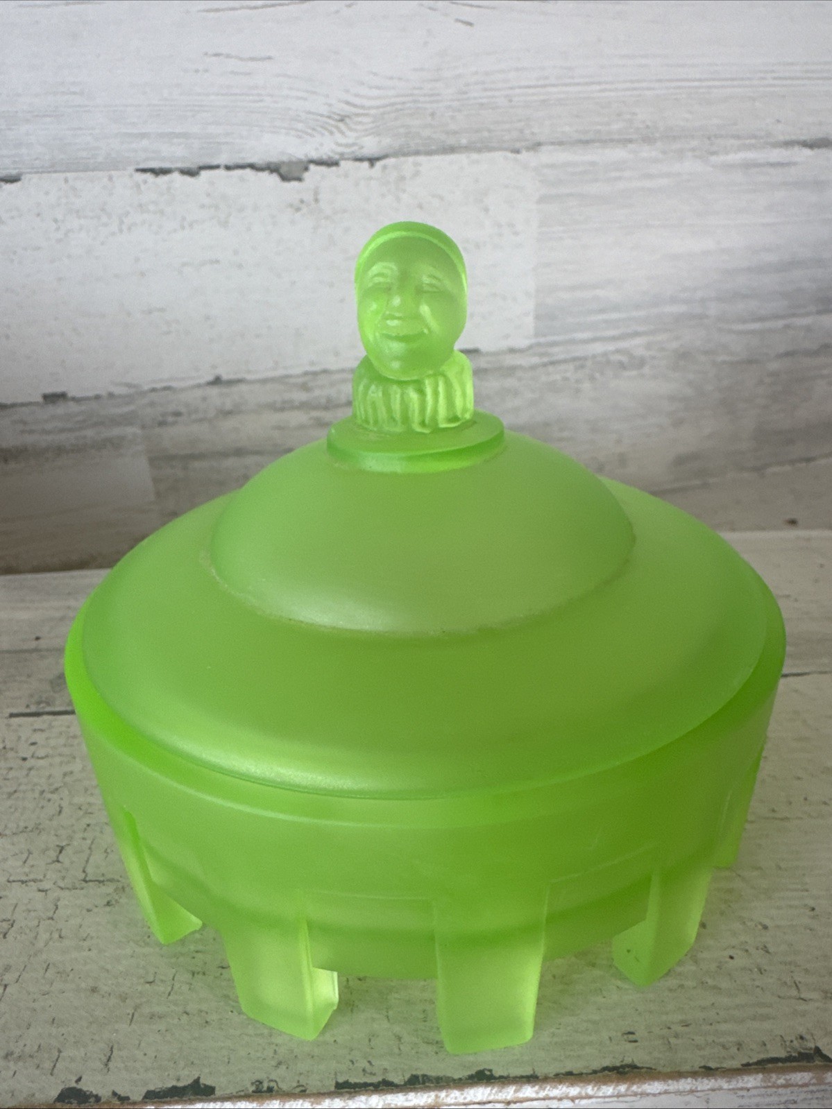Vintage Taussaunt Uranium Green Satin Court Jester Powder Jar 1930s Stunning