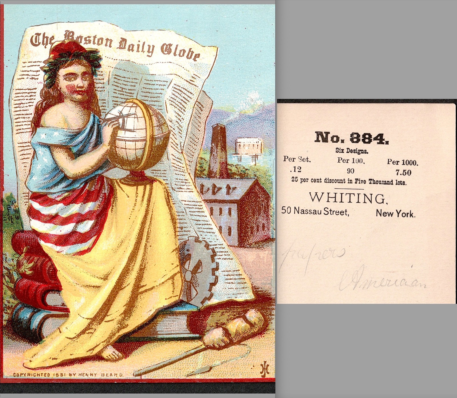 1881 © Henry Beard Sample Stock Trade Card Boston Daily Globe Newspaper NY j.US