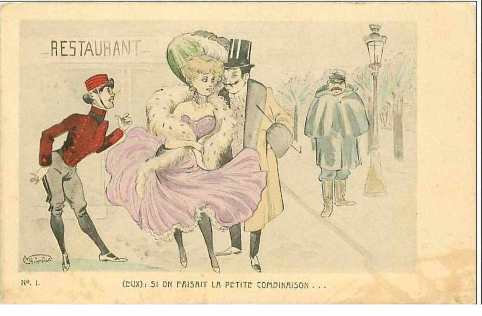 Illustrators. Scene In The Street. Man And Woman In Front Of A Restaurant.