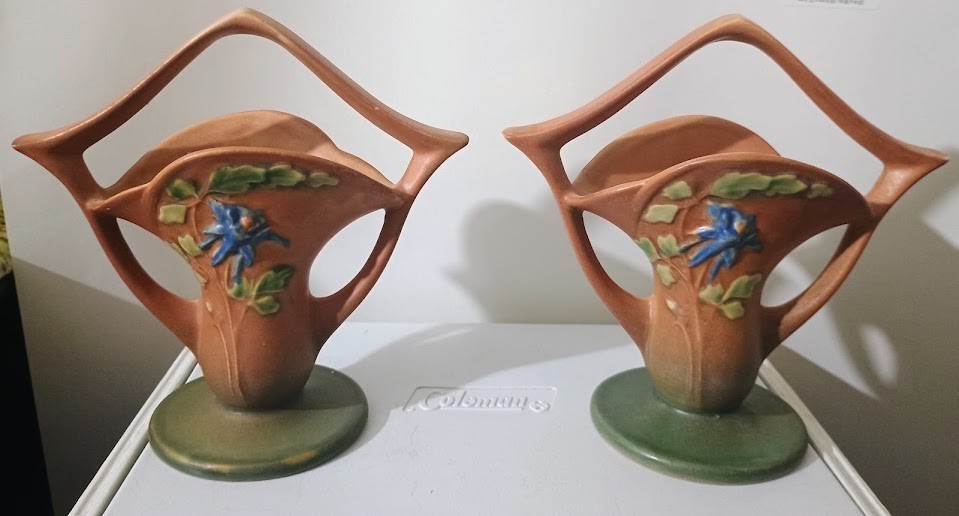 Pair of Vintage 1941 Roseville Pottery 365-7 Columbine Basket Vase 