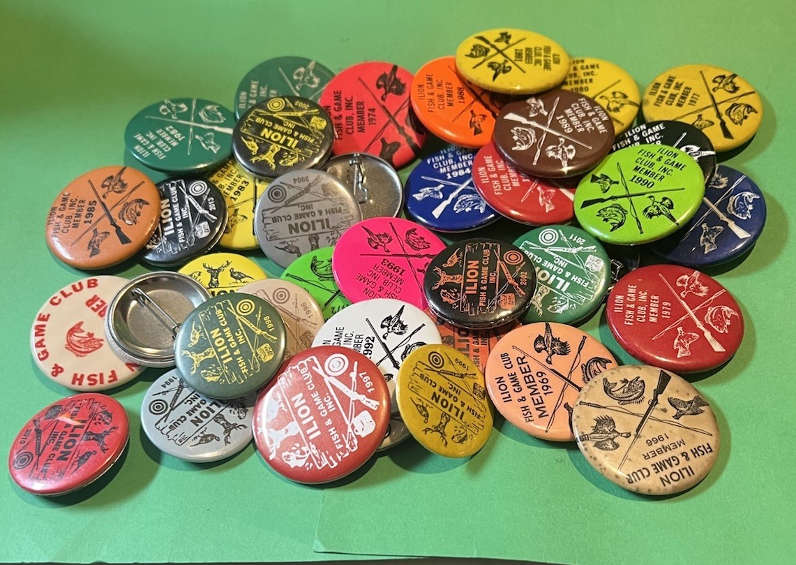 LOT OF 39 VTG ILION NY Fish & Game Club Badges PIN PINBACK  1966 - 2013