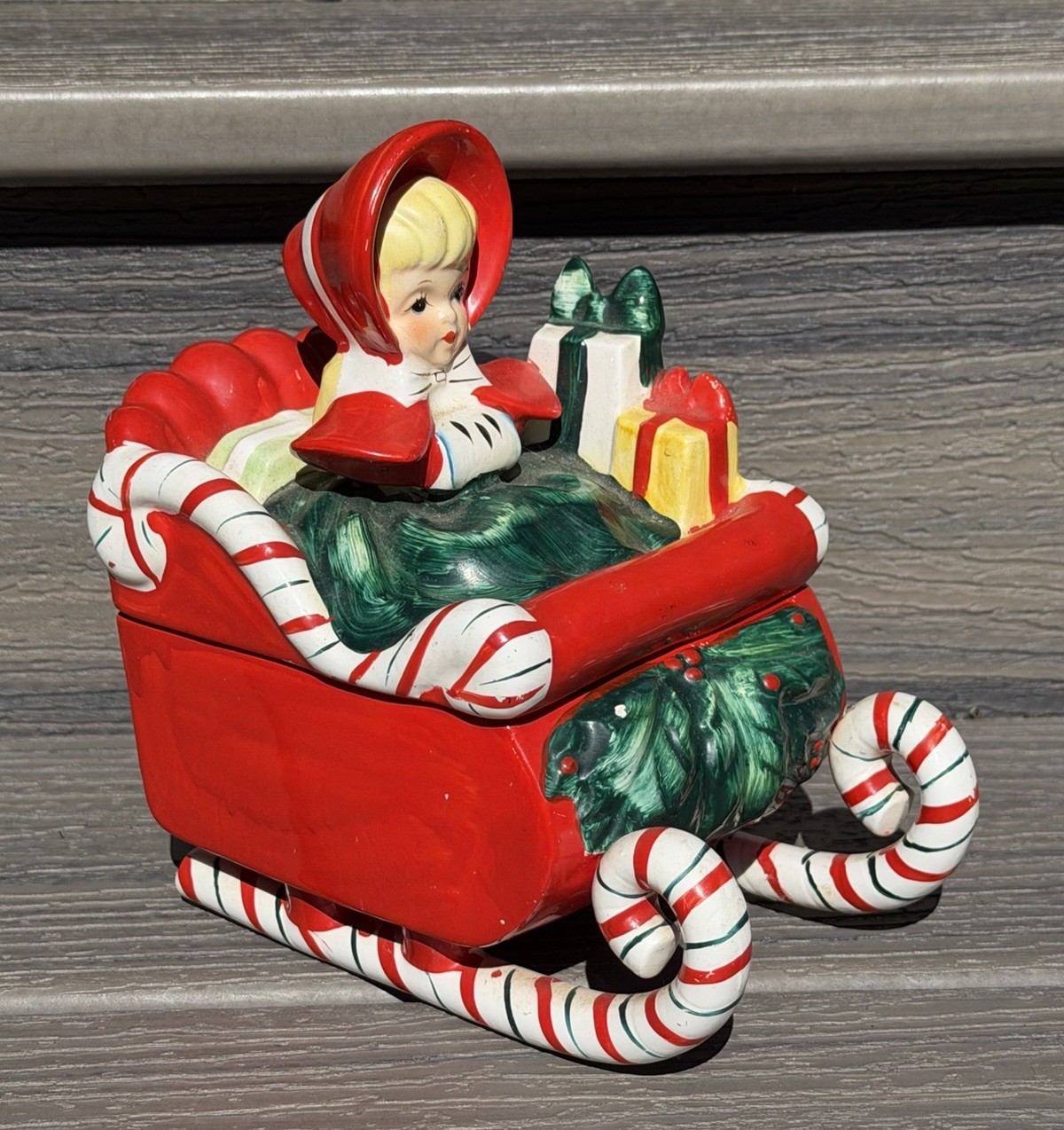 Vintage 1950's Lefton SHOPPING GIRL IN CANDY CANE SLEIGH Covered Dish *READ*