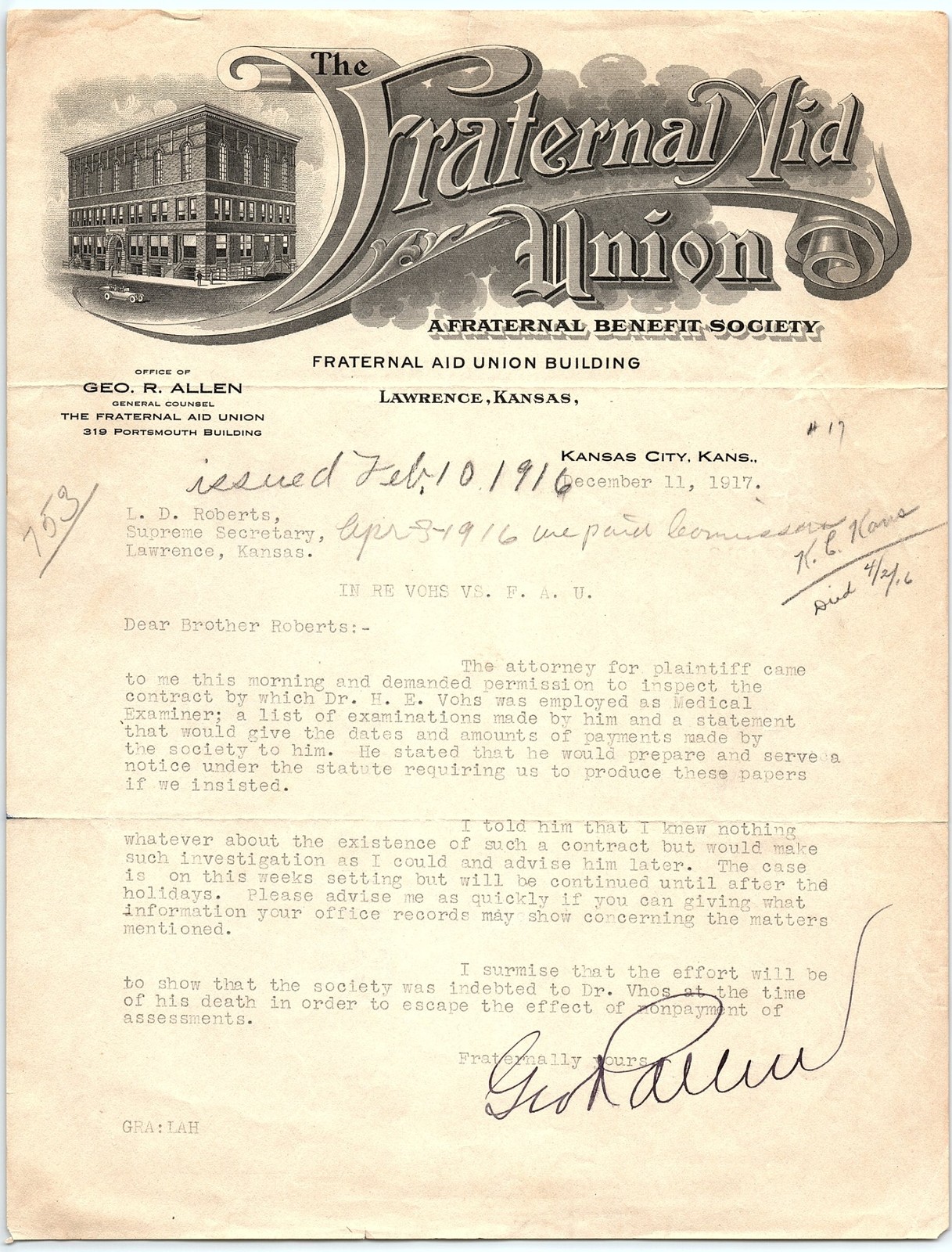 1916-17 Fraternal Aid Union legal letter, Kansas, Dr. Vohs