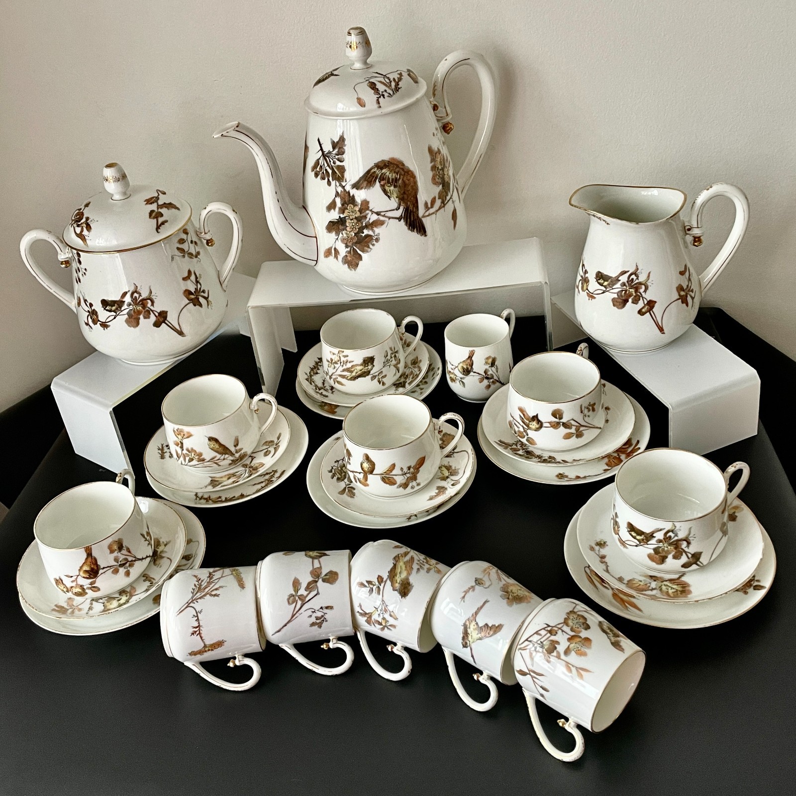 ANTIQUE W.GUERIN & CIE LIMOSES PORCELAIN TEA& COFFEE SET FOR 6 PARIS C 1900'S