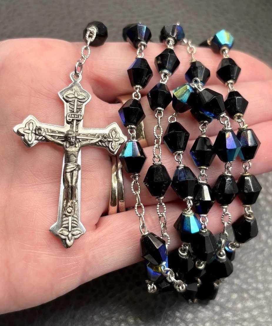 VTG Saint Anne De Beaupre Black AB Bead Rosary Necklace Cross Silver Tone 32”