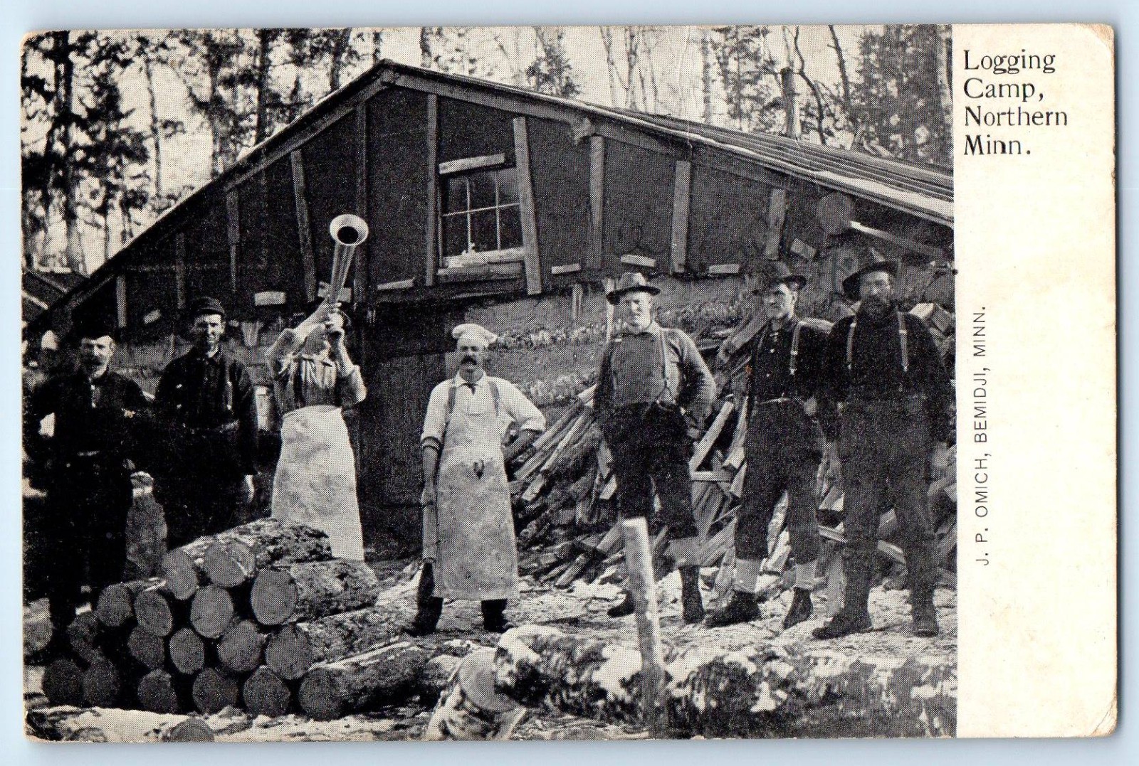 c1906 Northern Minnesota MN Vintage Postcard Logging Camp Group People Posted