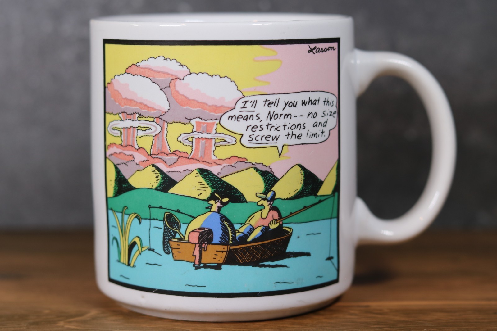 The Far Side Gary Larson Vintage 1986 Atomic fisherman,  Color Coffee Mug
