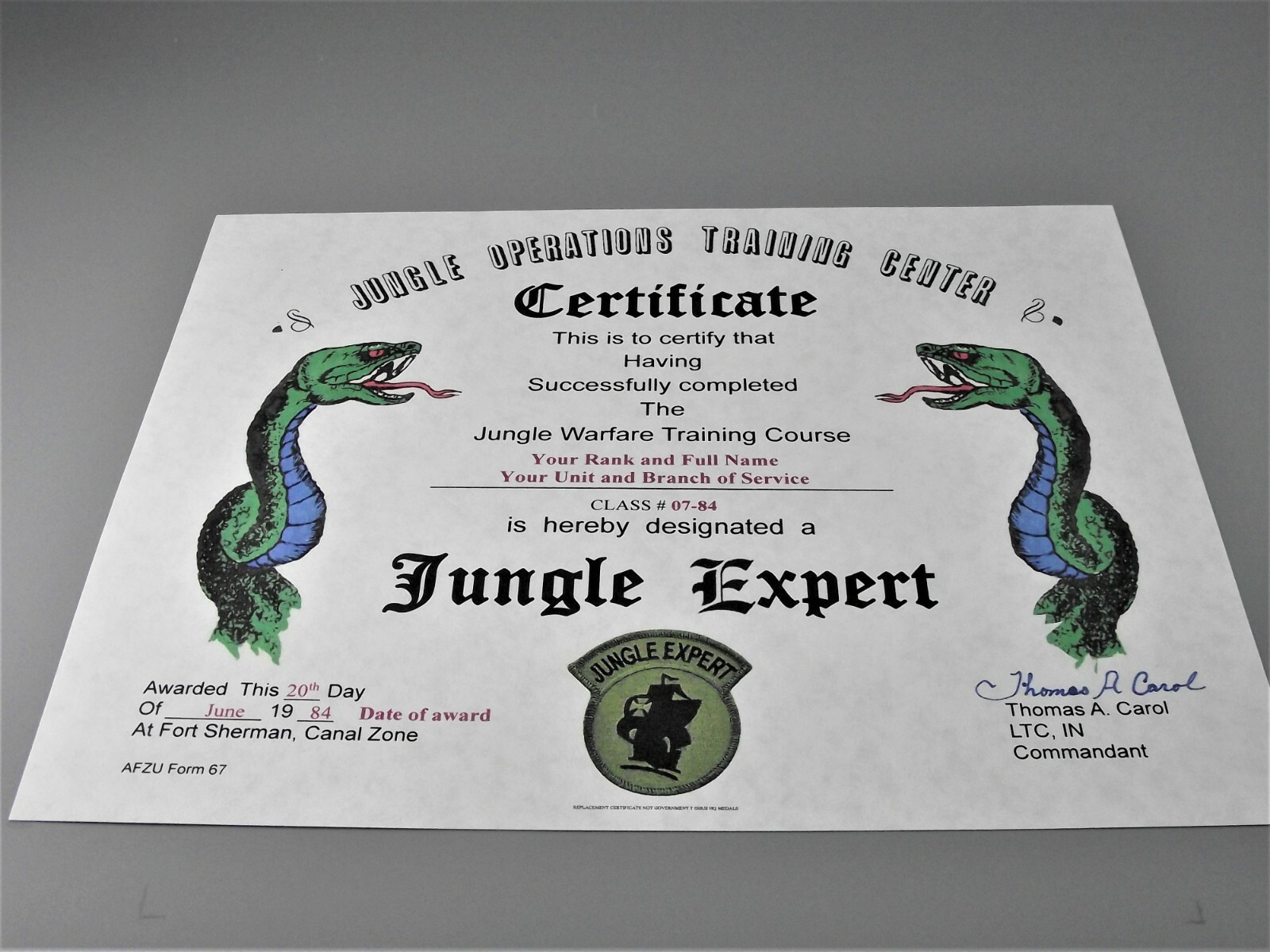 Jungle Warfare Expert School Course Replacement Certificate Army Marines Navy