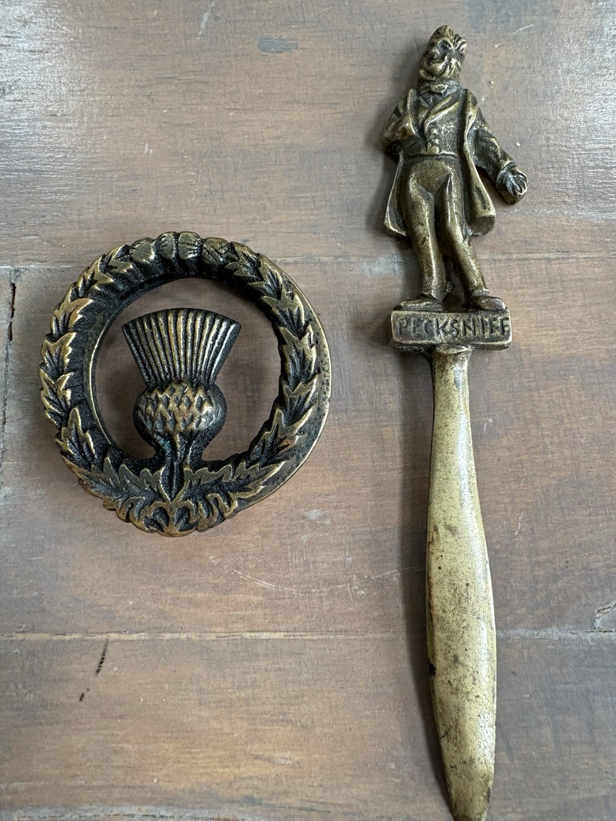Antique Scottish Thistle Wreath Door Knocker & Pecksniff Brass Letter Opener