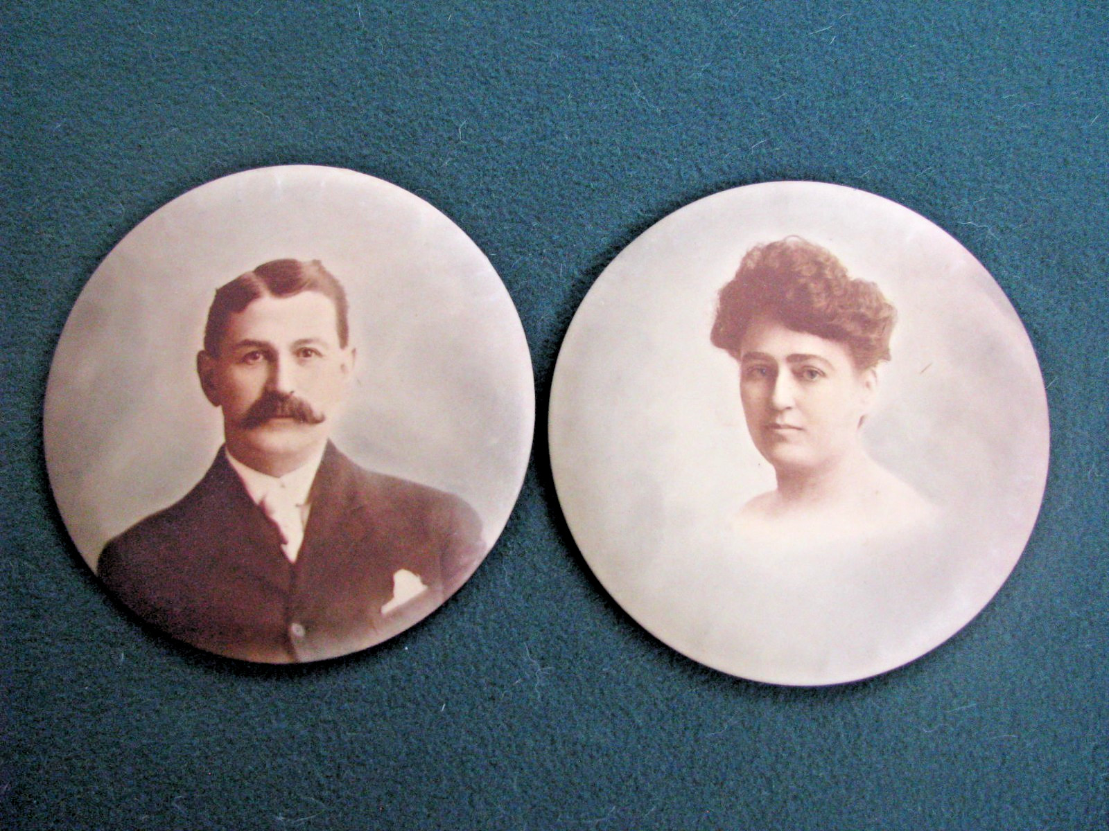 SET OF 2 antique metal photographs round sepia tones, probably a couple 6\