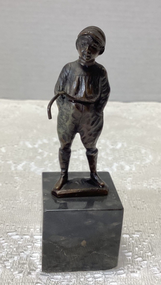 Vtg Boy w/ Stick Bronze Statue Sculpture Marble Base Art Deco ~Childrens Home