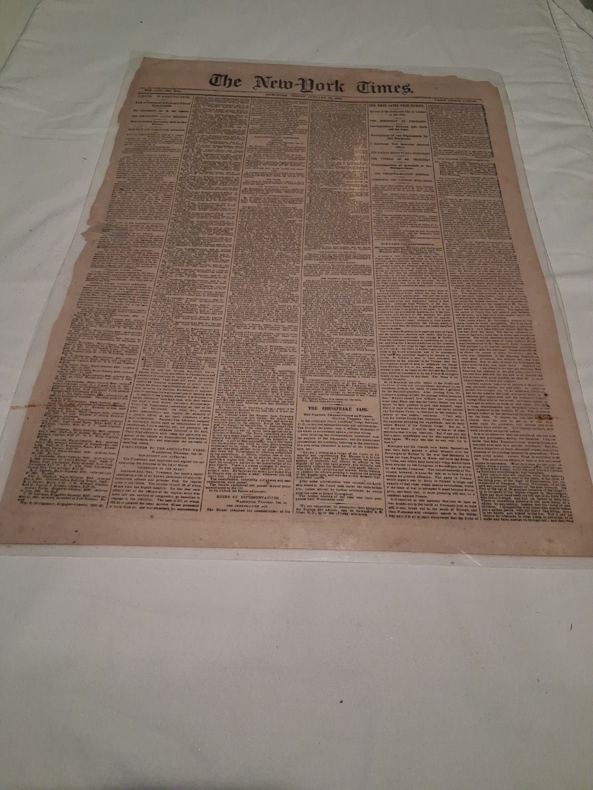 Civil War Newspaper Jan 15 1864 New York Times Laminated Front Page Display