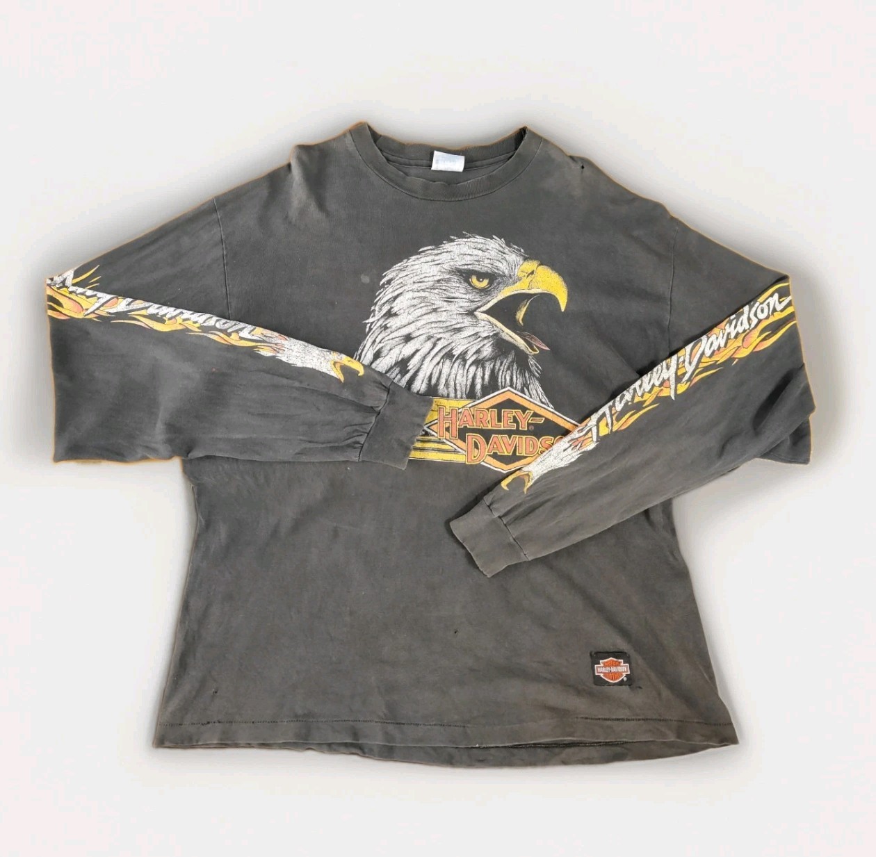 Vtg 1991 Harley Davidson Eagle Flame Long Sleeve Shirt XL Hanes Beefy USA 90s 