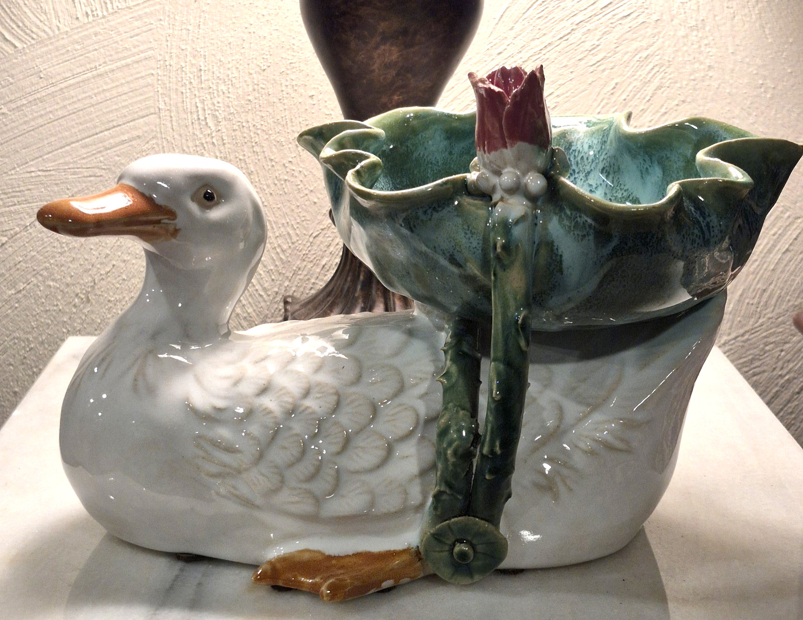 Unique Vintage Ceramic DUCK PLANTER with Lily Pad Hand Painted 10.5\