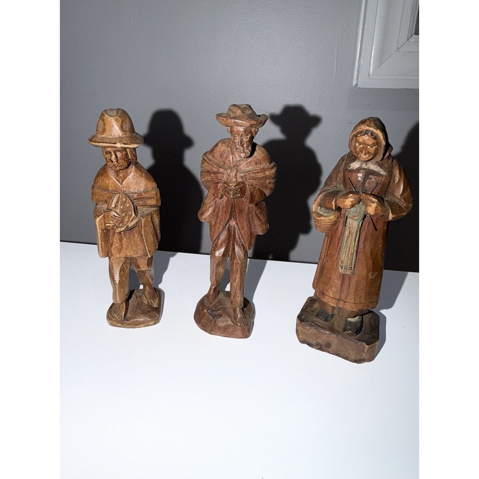 Lot Of 3 Vintage Hand Carved Wooden Figurines Knitting Woman Painting Traveling