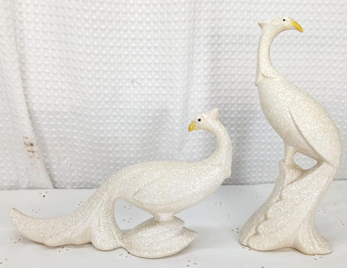 PR GORGEOUS VINTAGE WHITE LAVA SPATTER WARE CERAMIC BIRDS MCM PEACOCKS 