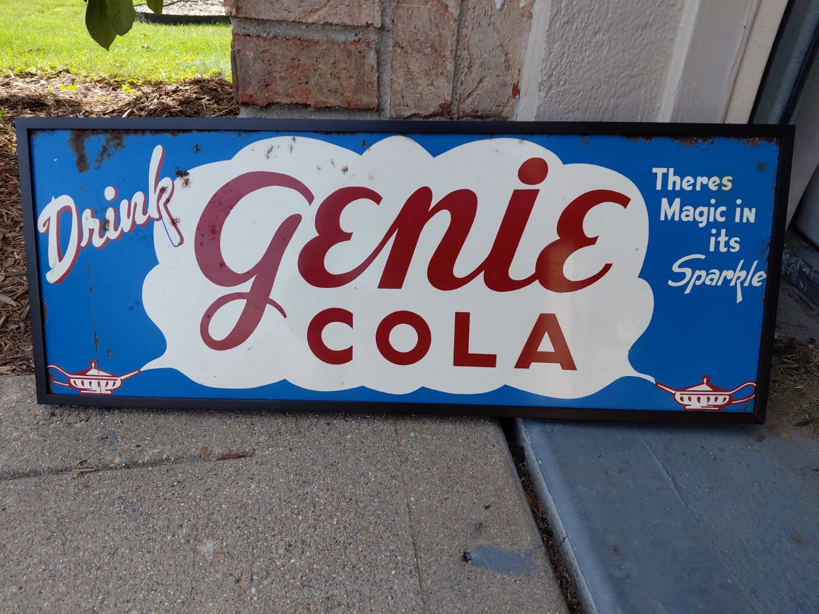 c.1940s Original Vintage Drink Genie Cola Sign Metal Framed TAC Certified RARE 
