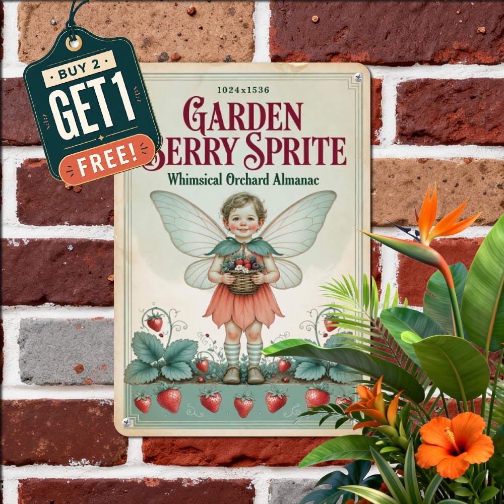 Whimsical Strawberry Fairy Art Sign Shabby Chic Bedroom Kitchen Metal Tin Art