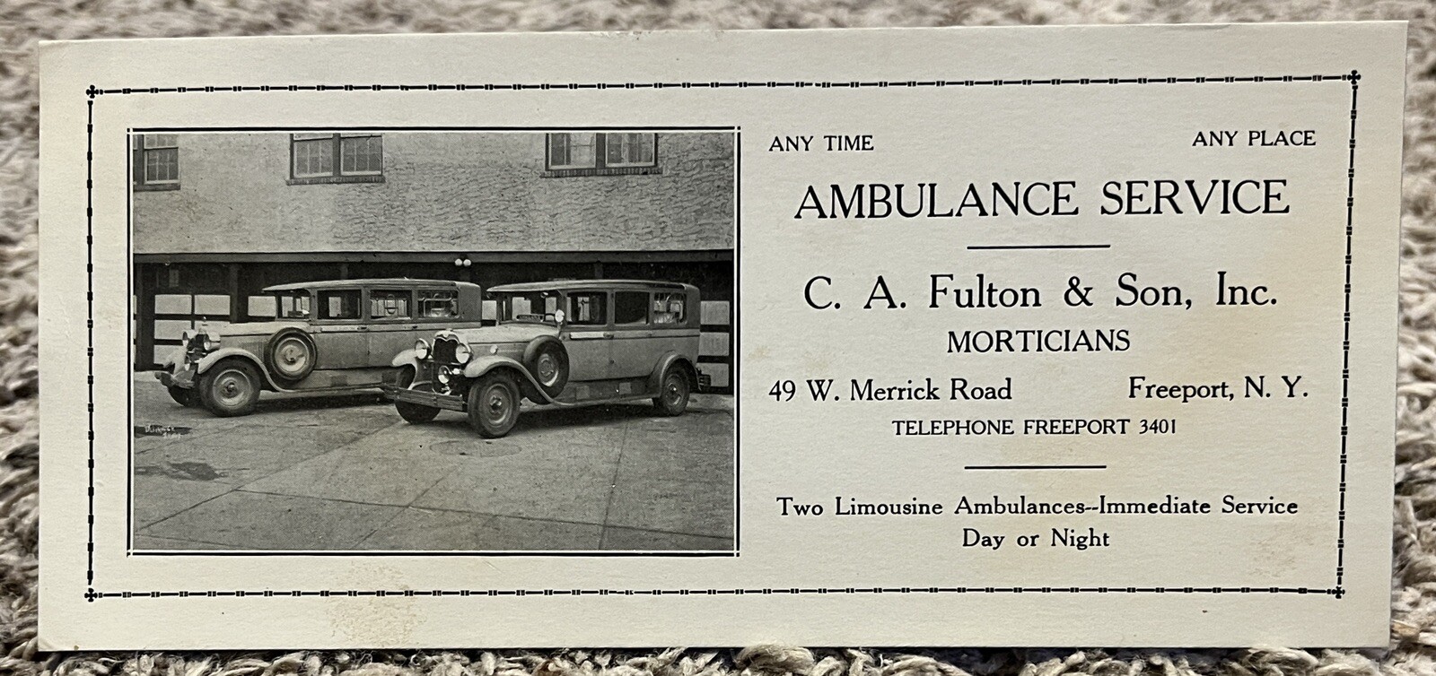 1930s C.A. FULTON & SON INC. AMBULANCE SERVICE ADVERTISEMENT FREEPORT NEW YORK