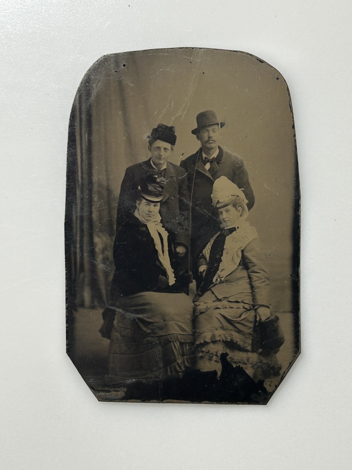 Antique Tintype Group Portrait Two Men Two Women Hats 1/6 Plate