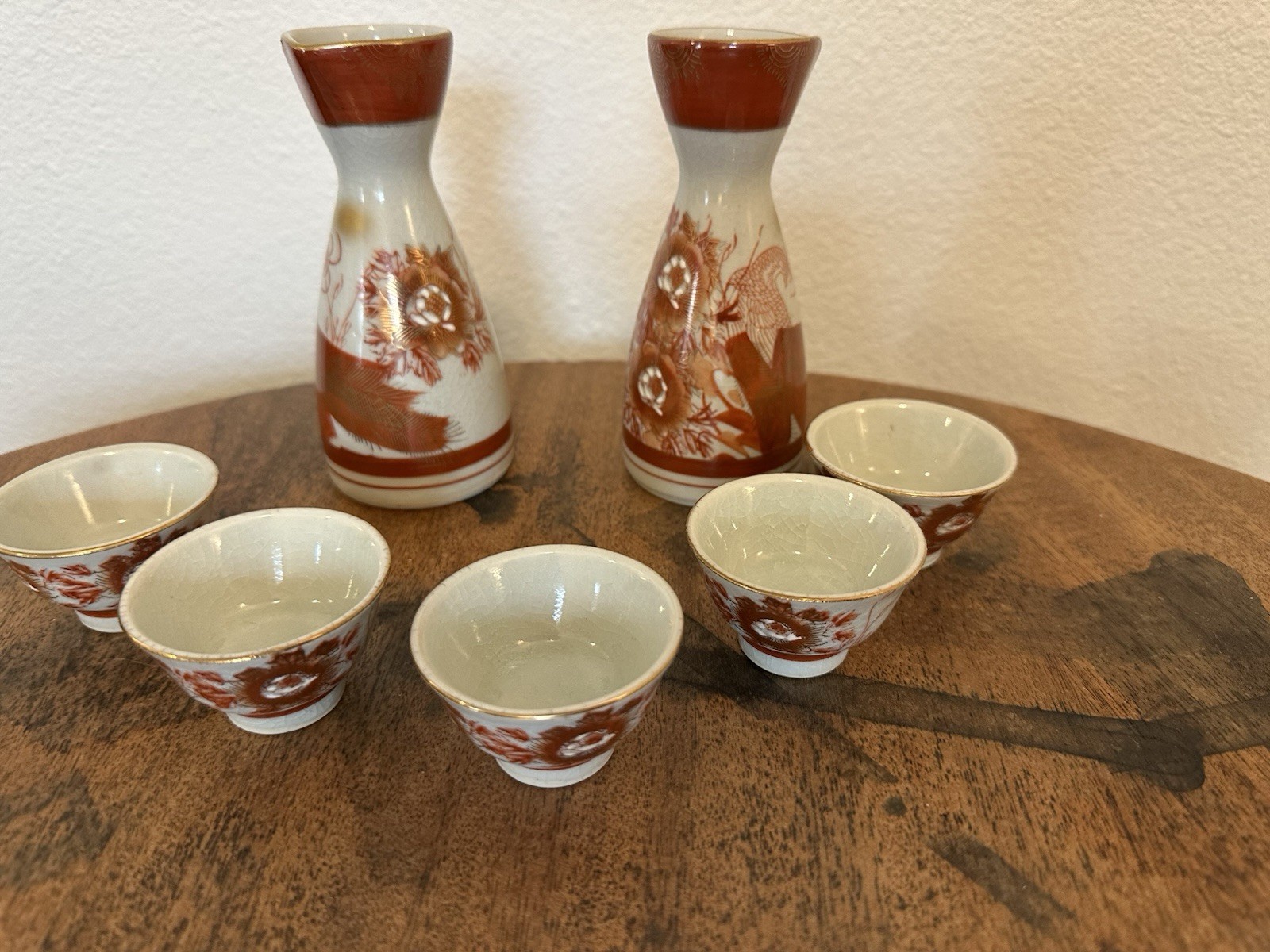 Vintage Japanese Kutani Porcelain Sake Set - Red & Gold Peacock Peony Pattern