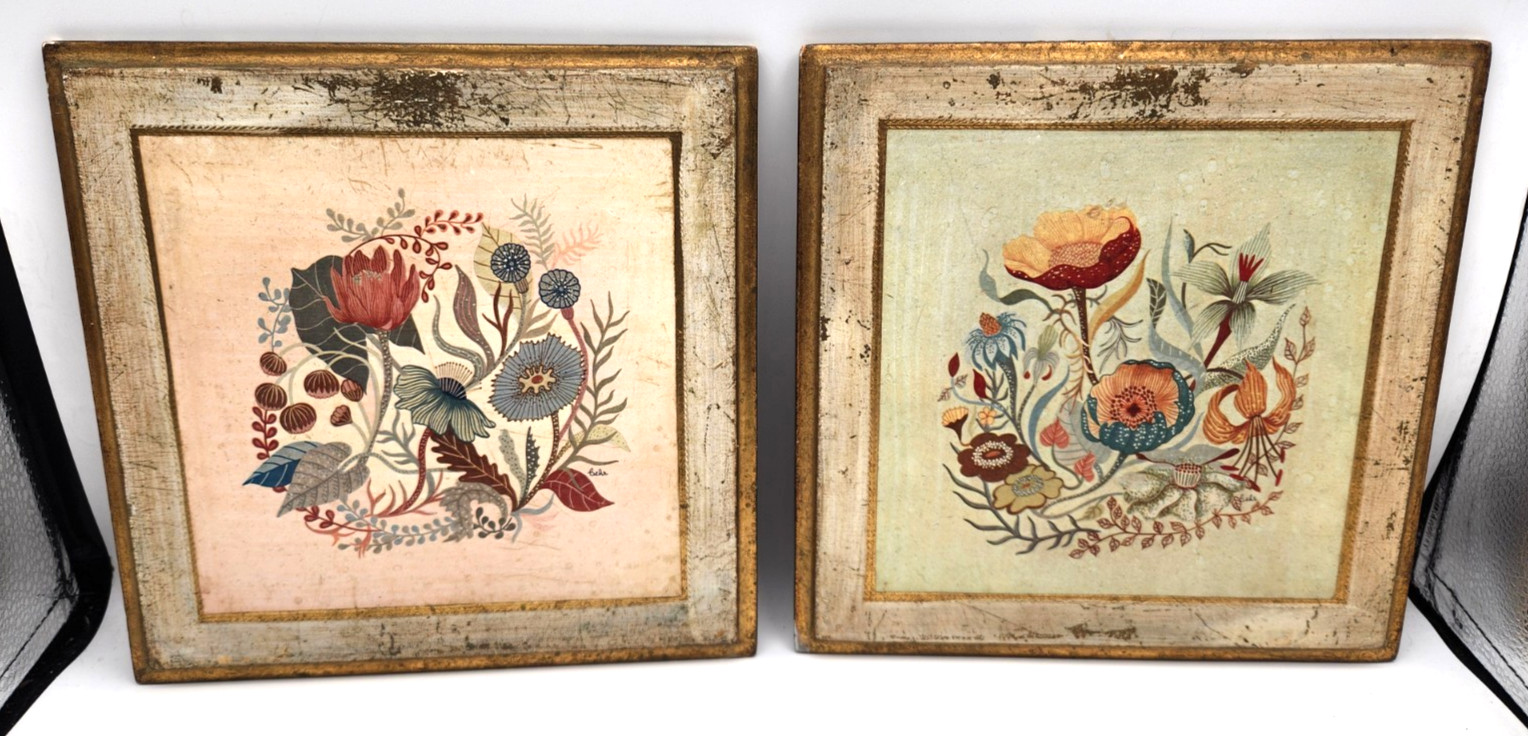 Pair Vintage Florentine Gilt Wood Plaques Floral Scenes Italy Cottagecore