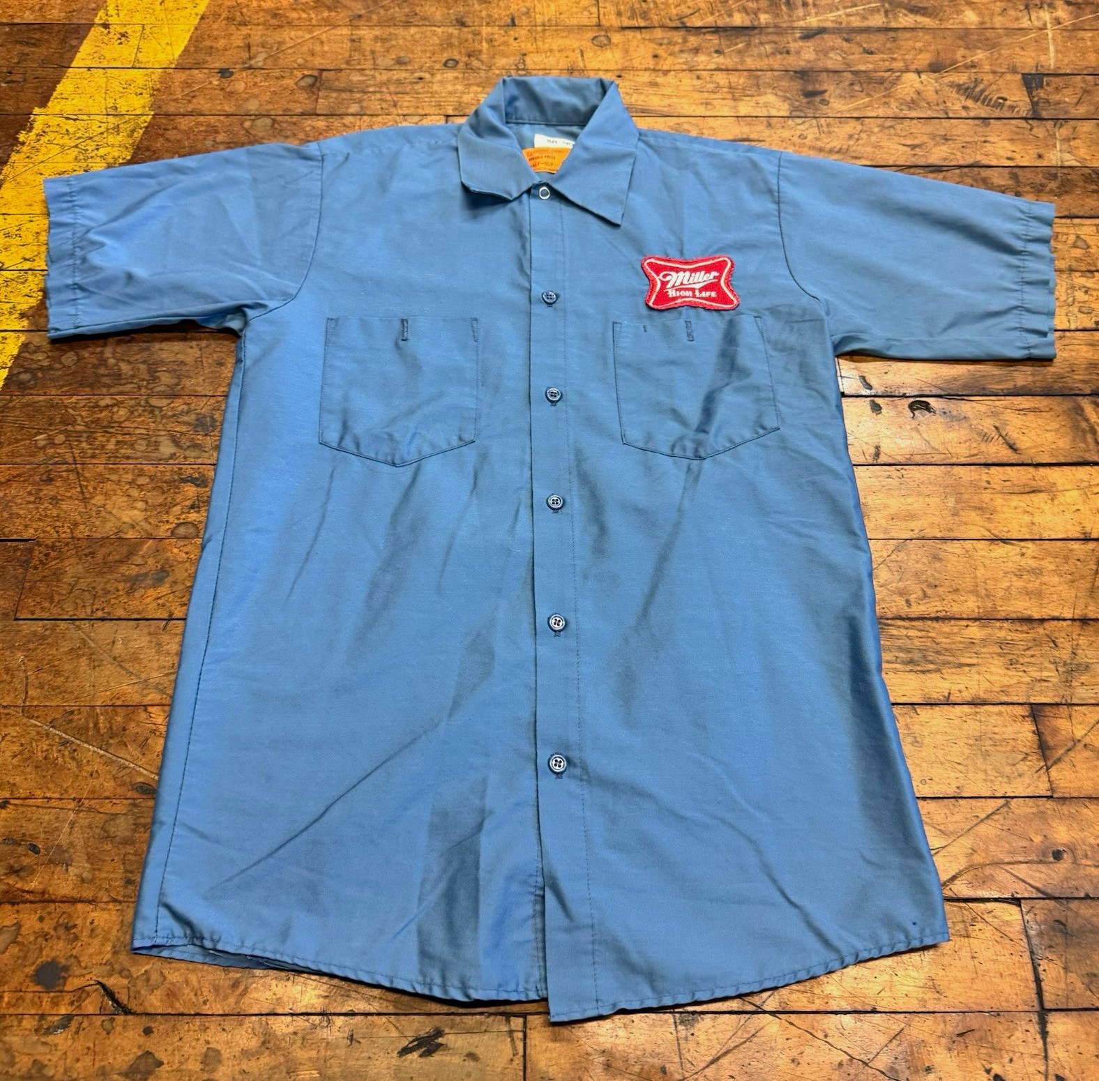 VTG Miller High Life Blue Short Sleeve Button-Down Work Shirt Patch size Small