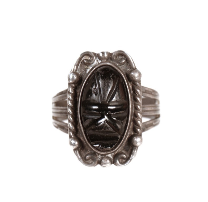 Mexico Silver Black Stone Ring ca. 1950s   Size - 5.5\