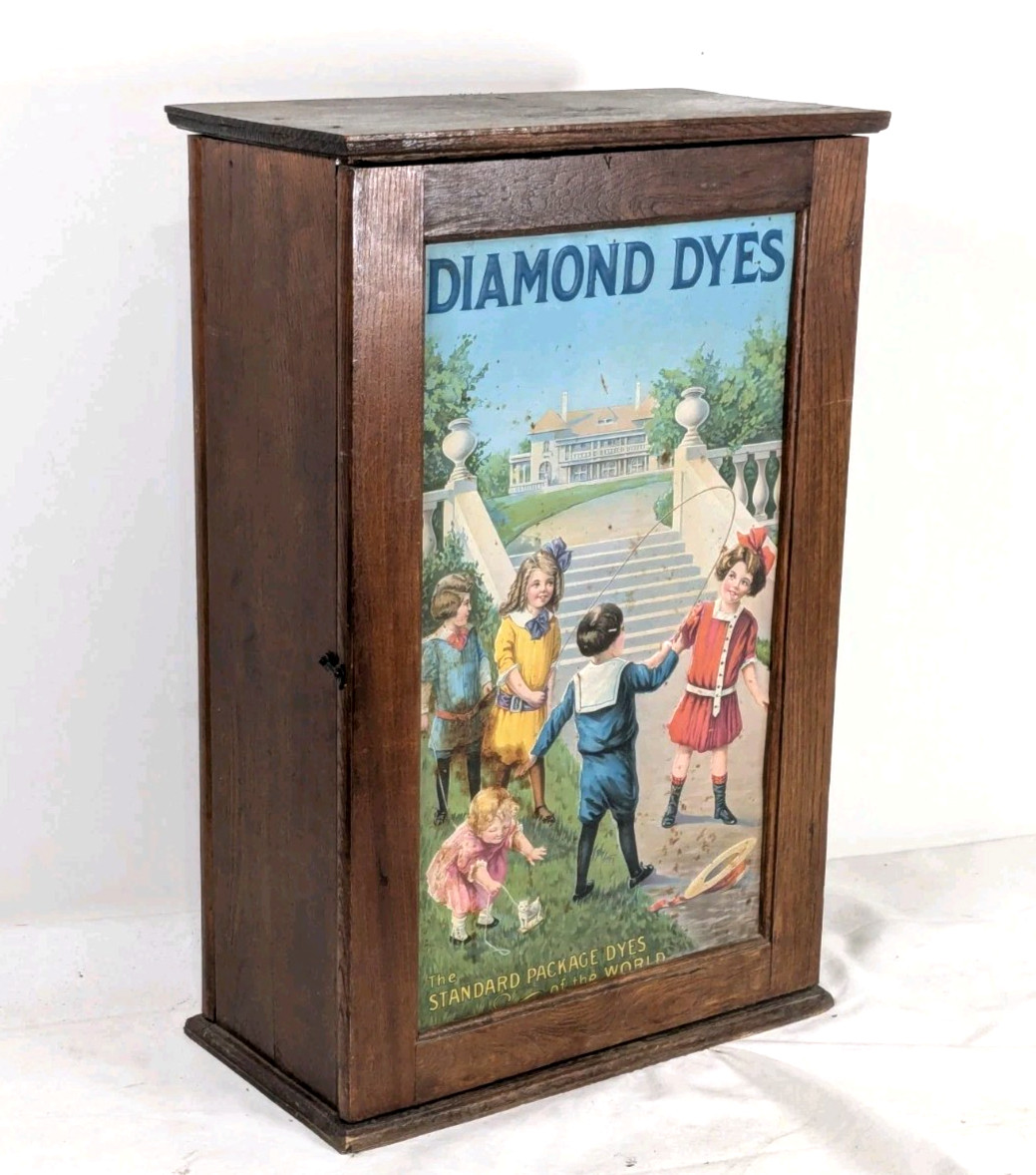 Vintage Diamond Dyes Oak & Tin Country Store Advertising Cabinet 