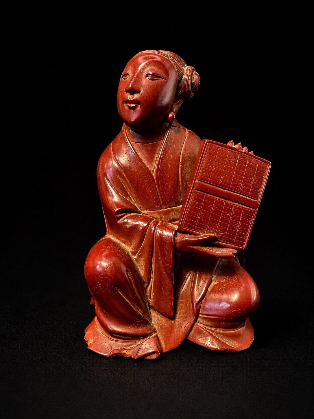 Vintage Faturan Bakelite Oriental Scholar Figure Holding Tablet Red Amber Color