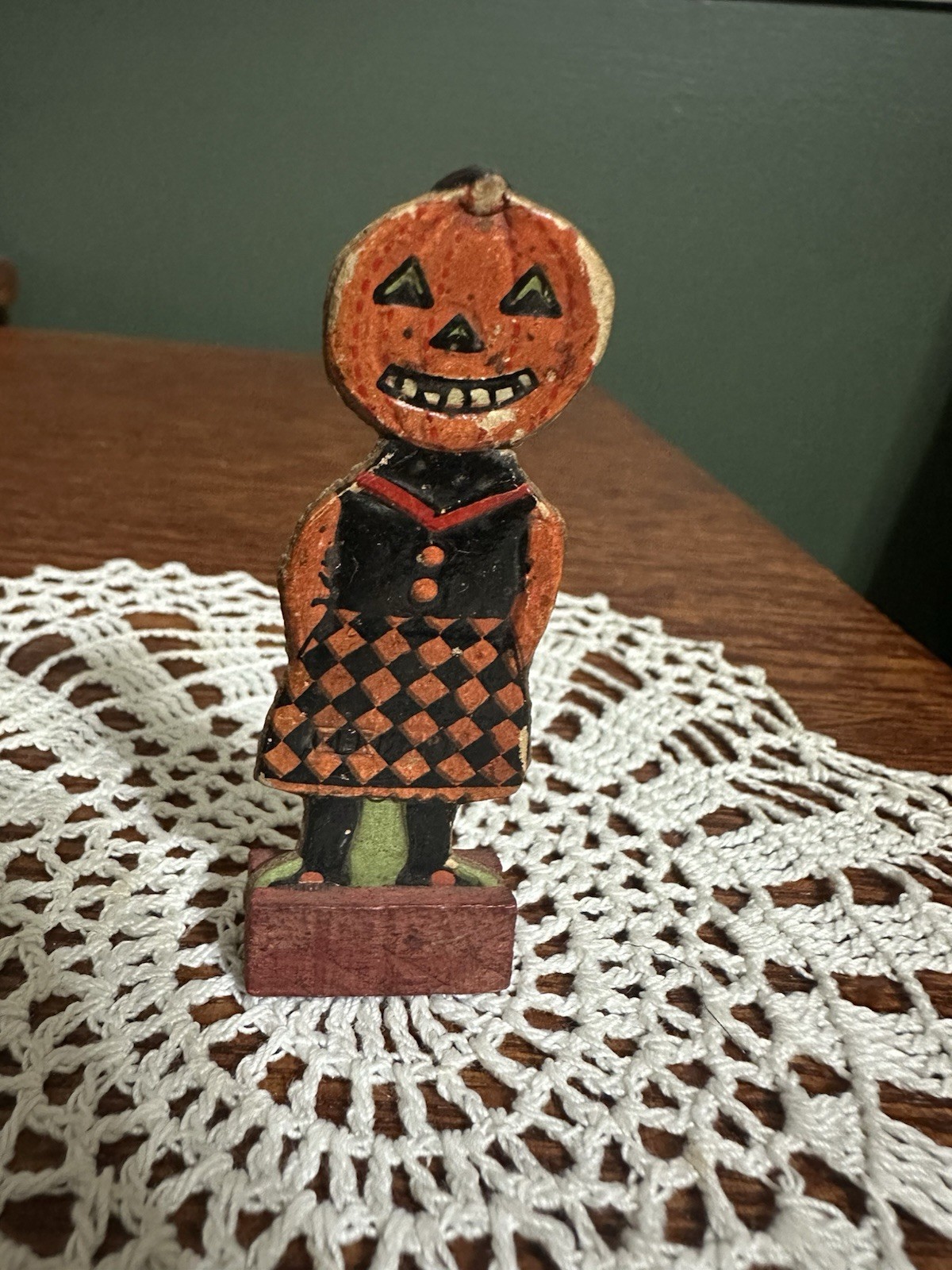 Vtg. Antique Halloween German Skittle Game Piece Pumpkin Head Girl 1920\'s