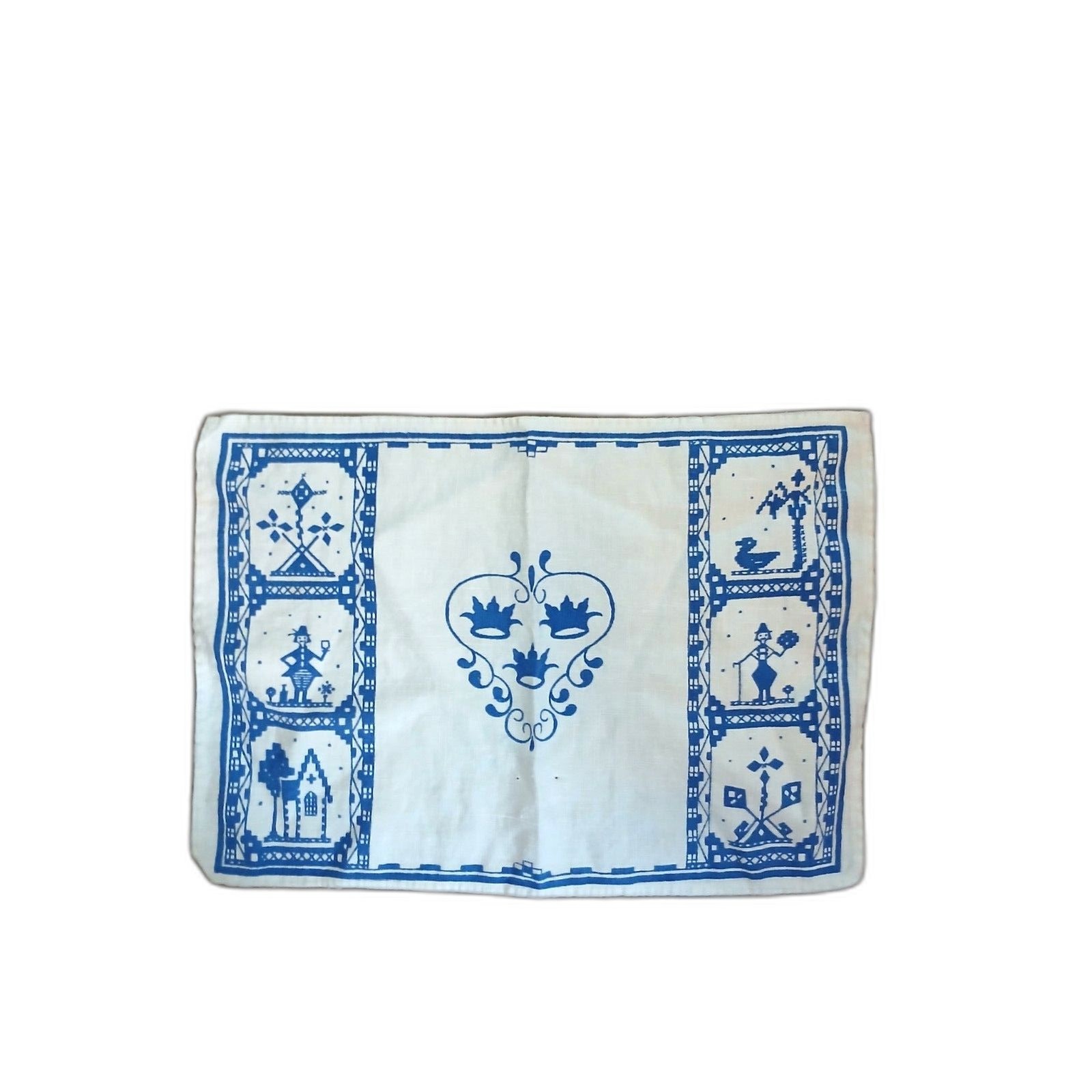Antique Swedish Folk Art Placemats Blue White Three Crowns Set 6