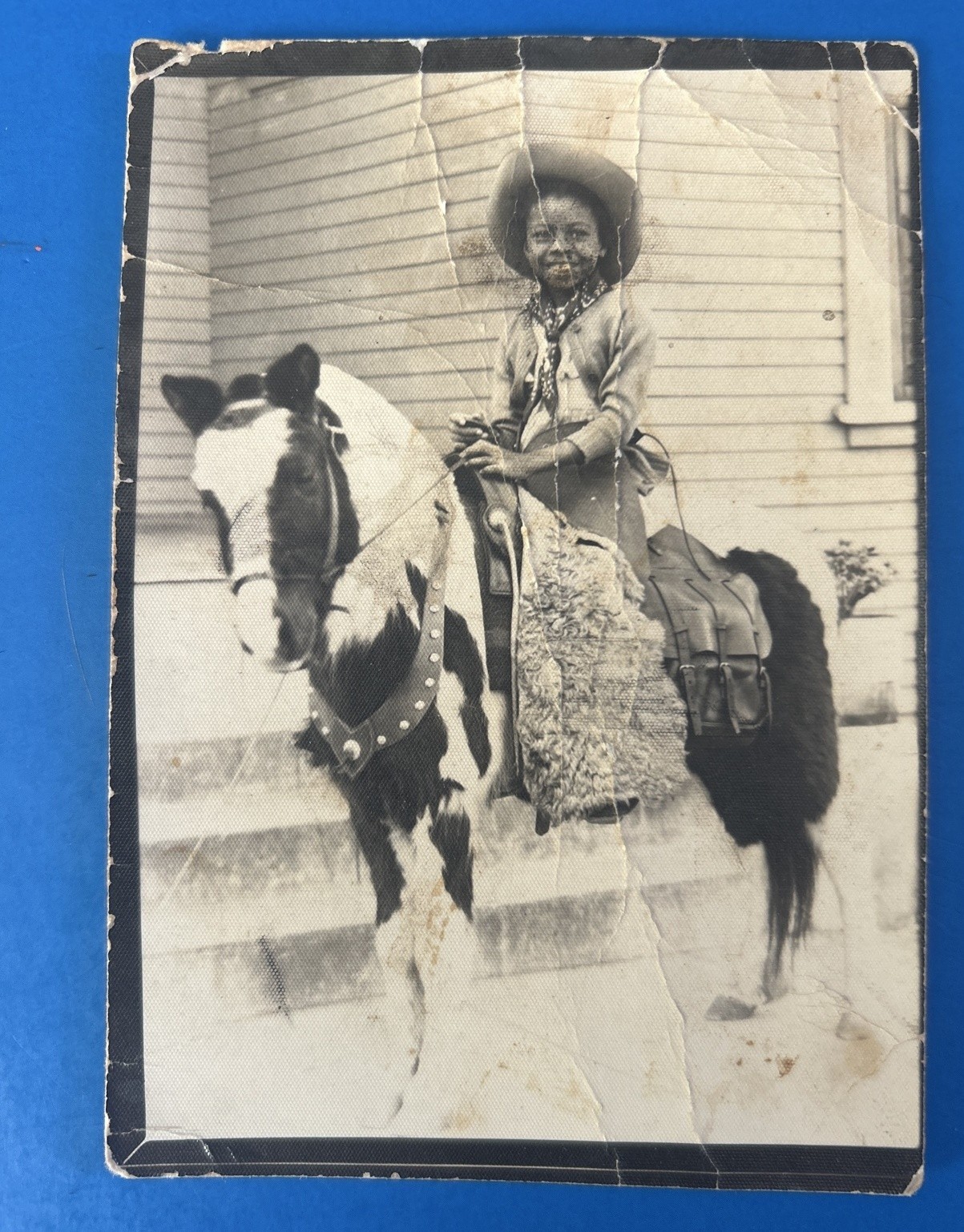 1940s Cowboy African American Boy Pinto Pony B&W Photo Black Americana Wrinkled