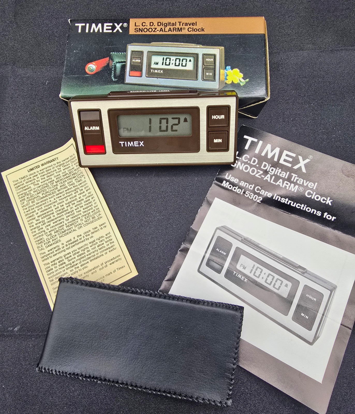 Vintage 1980s Timex Digital Travel Alarm Clock Model 5302-504 w/ Box,Manual,Case