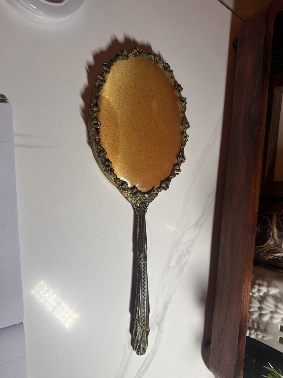 Antique Victorian Style Heavy Ornate Brass Hand Mirror Floral Vanity