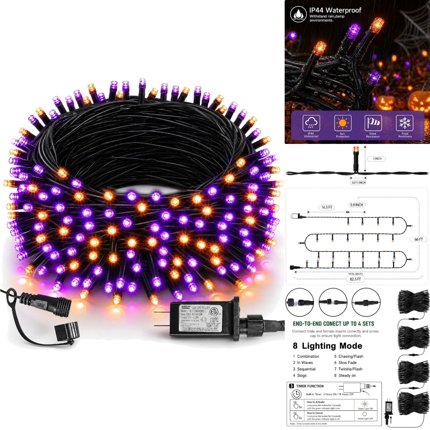 200 LED Outdoor Halloween String Lights 66FT Waterproof Orange & Purple Decor