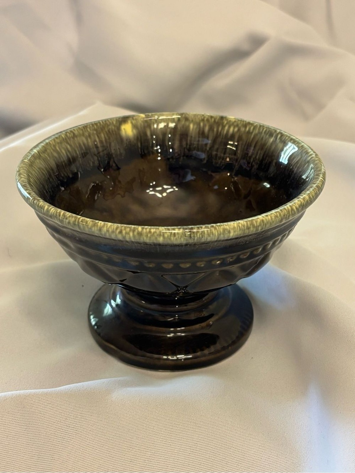 Vintage Hull Pottery Pedestal Bowl in Olive Green and Brown