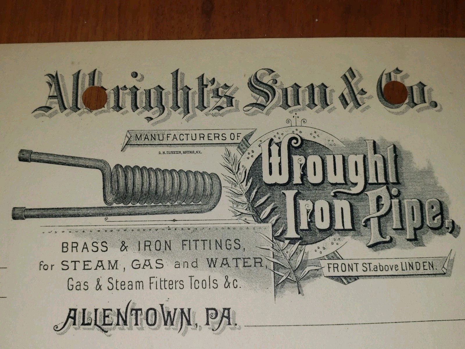 VTG 1891 Albrights Son Co Allentown PA Wrought Iron Pipe Illustrated Billhead