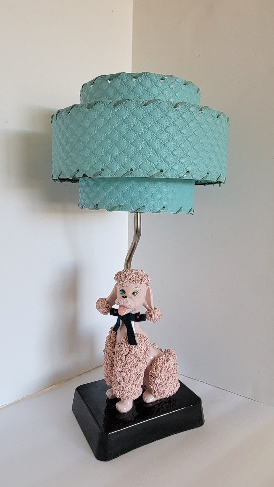 Vintage 1950s Pink Ceramic Poodle Lamp 3 Tier Plastic Shade Mid Century Modern
