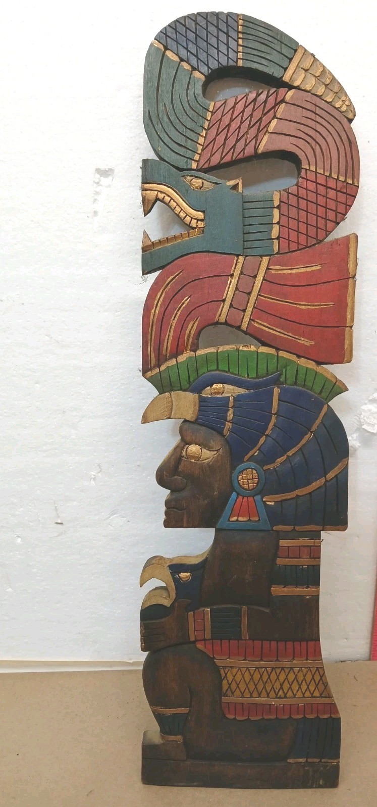 Hand Carved Wooden Aztec Mayan Wall Art Mexico Jaguar Serpent Snake 23\