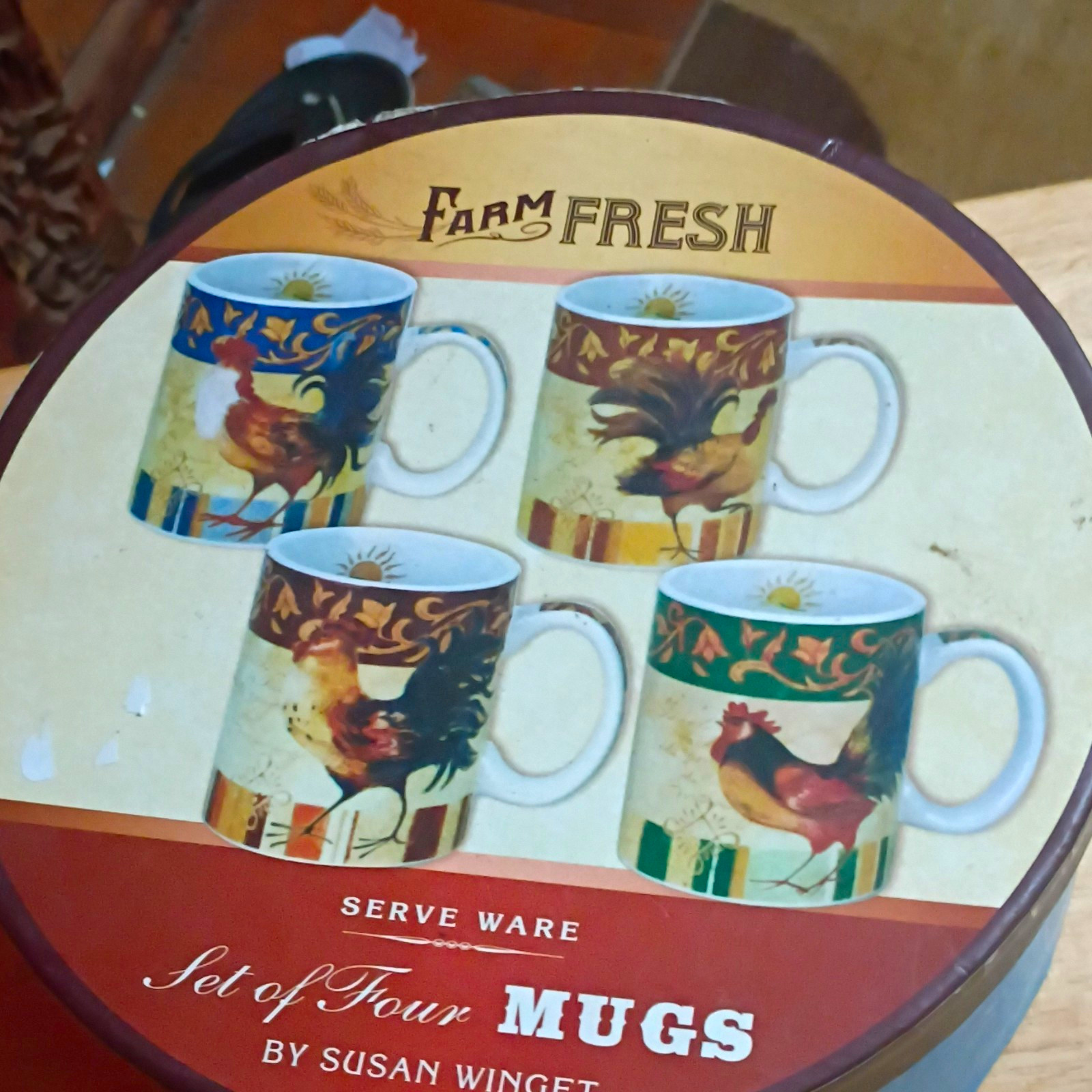 Farm Fresh Susan Winget Rooster Mugs Set of 4, Multicolor Cracker Barrell