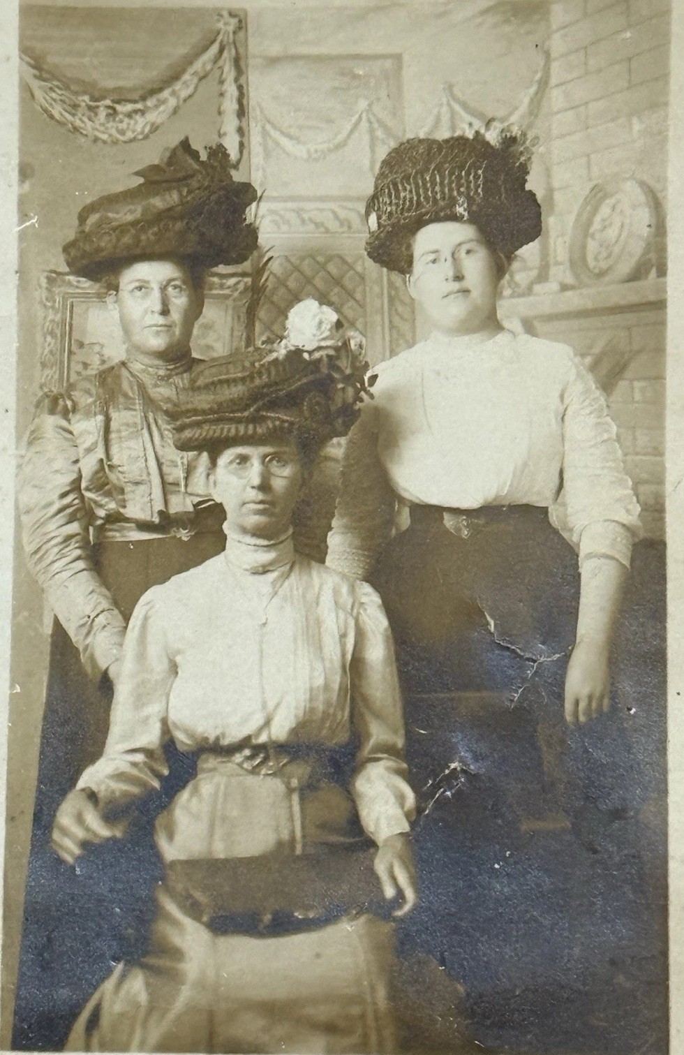 Antique RPPC 3 Women Large Edwardian Hats Fashion Studio Portrait Postcard