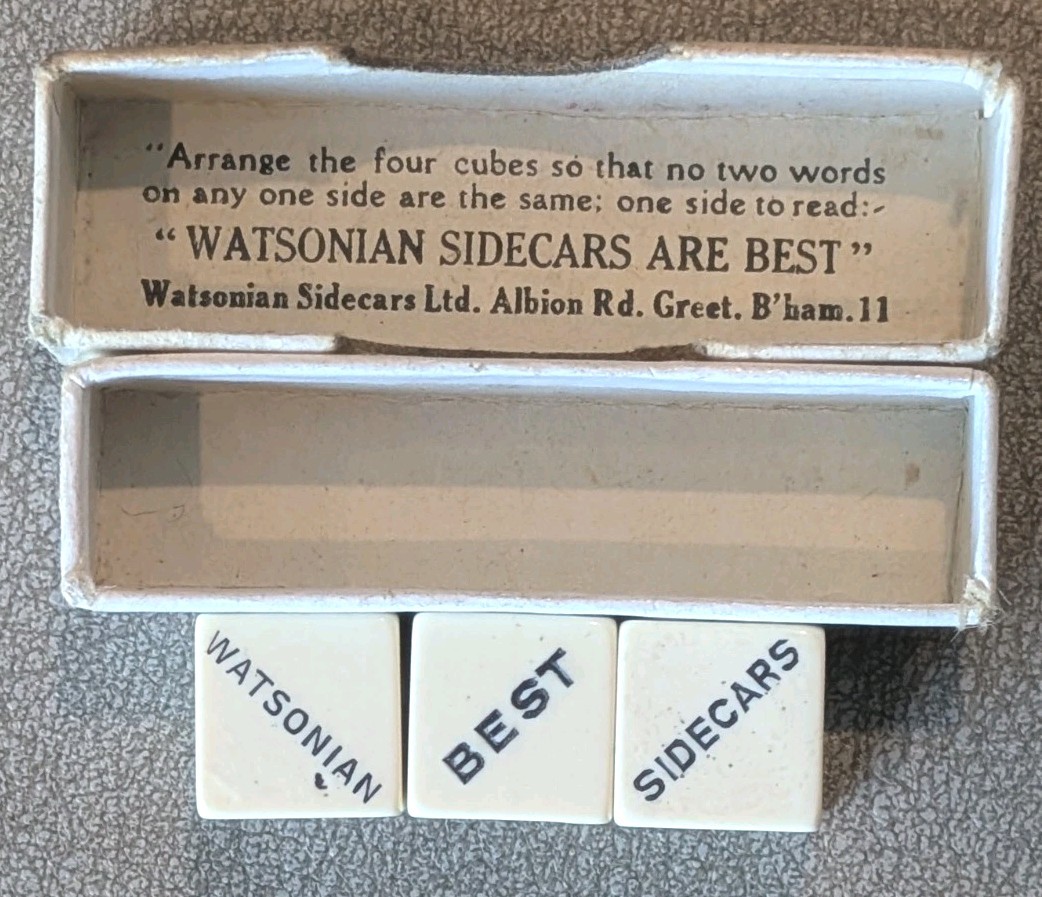 Vintage 1940s Watsonian Sidecar Advertising Puzzle Game Dice 3 of 4 Boxed Rare