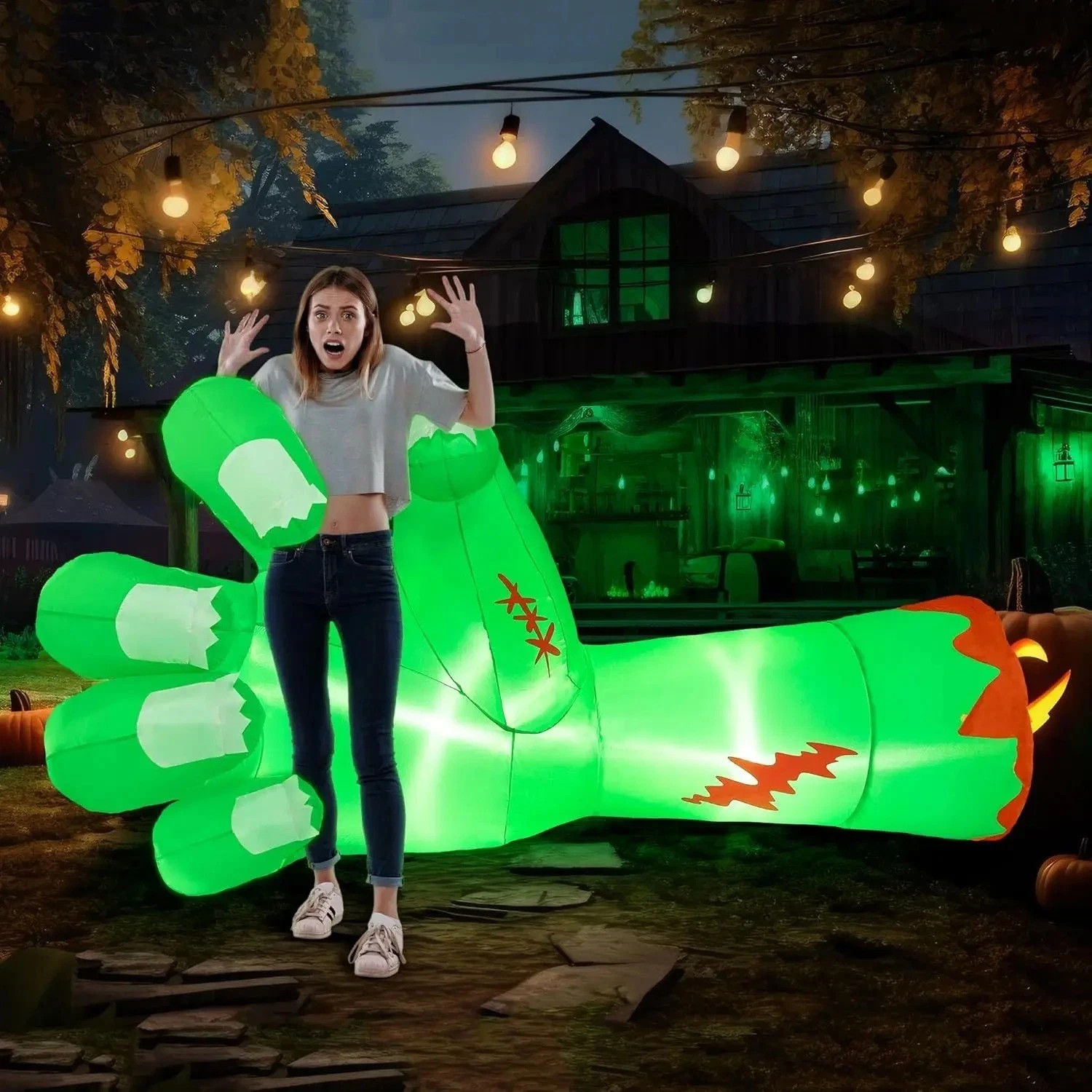 9FT Giant Zombie Arm Halloween Inflatable w/ LED Lights Scary Green Hand
