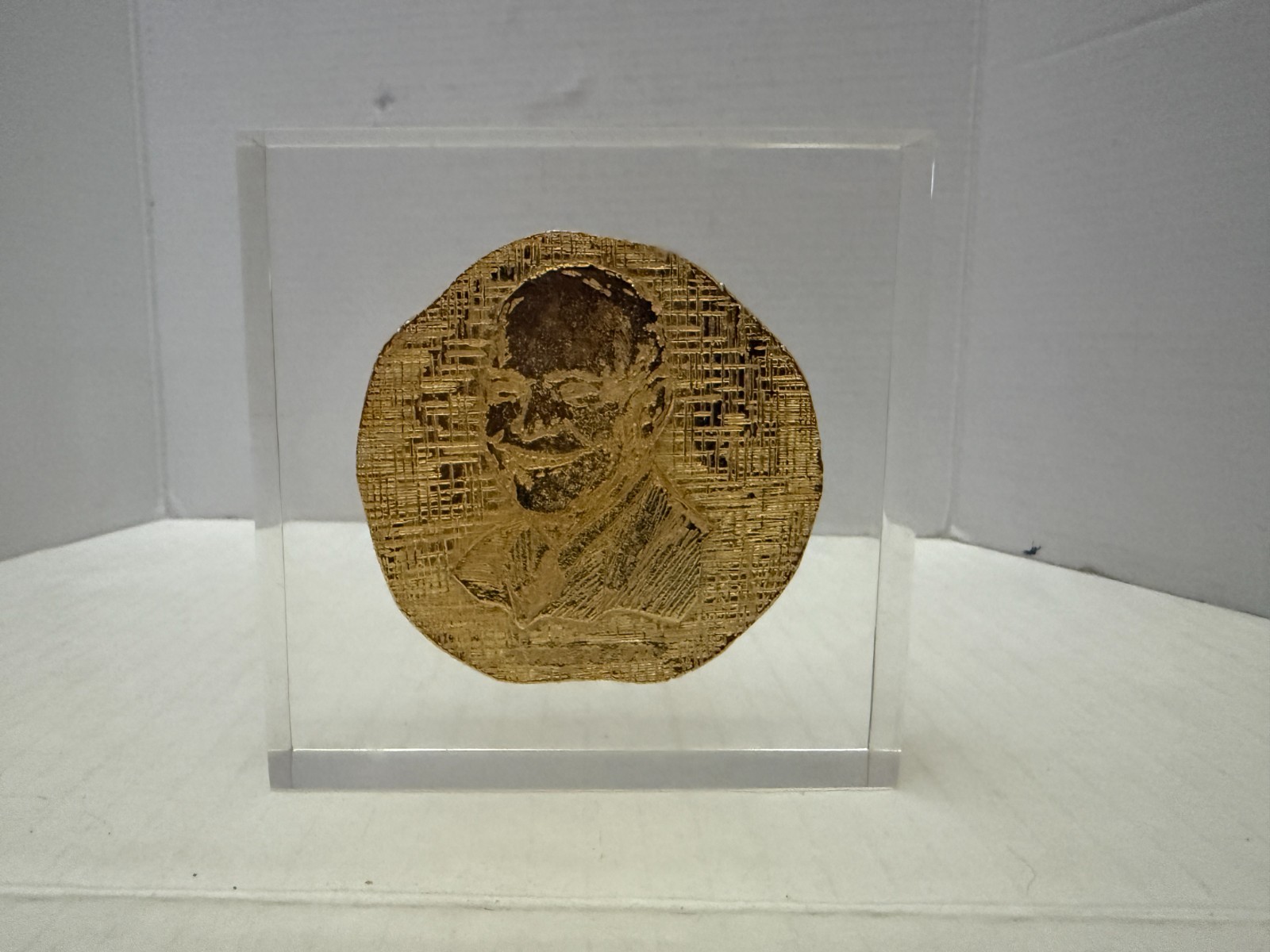 Vintage Dwight Eisenhower Memorial Hospital Brass Medallion Encased in Lucite