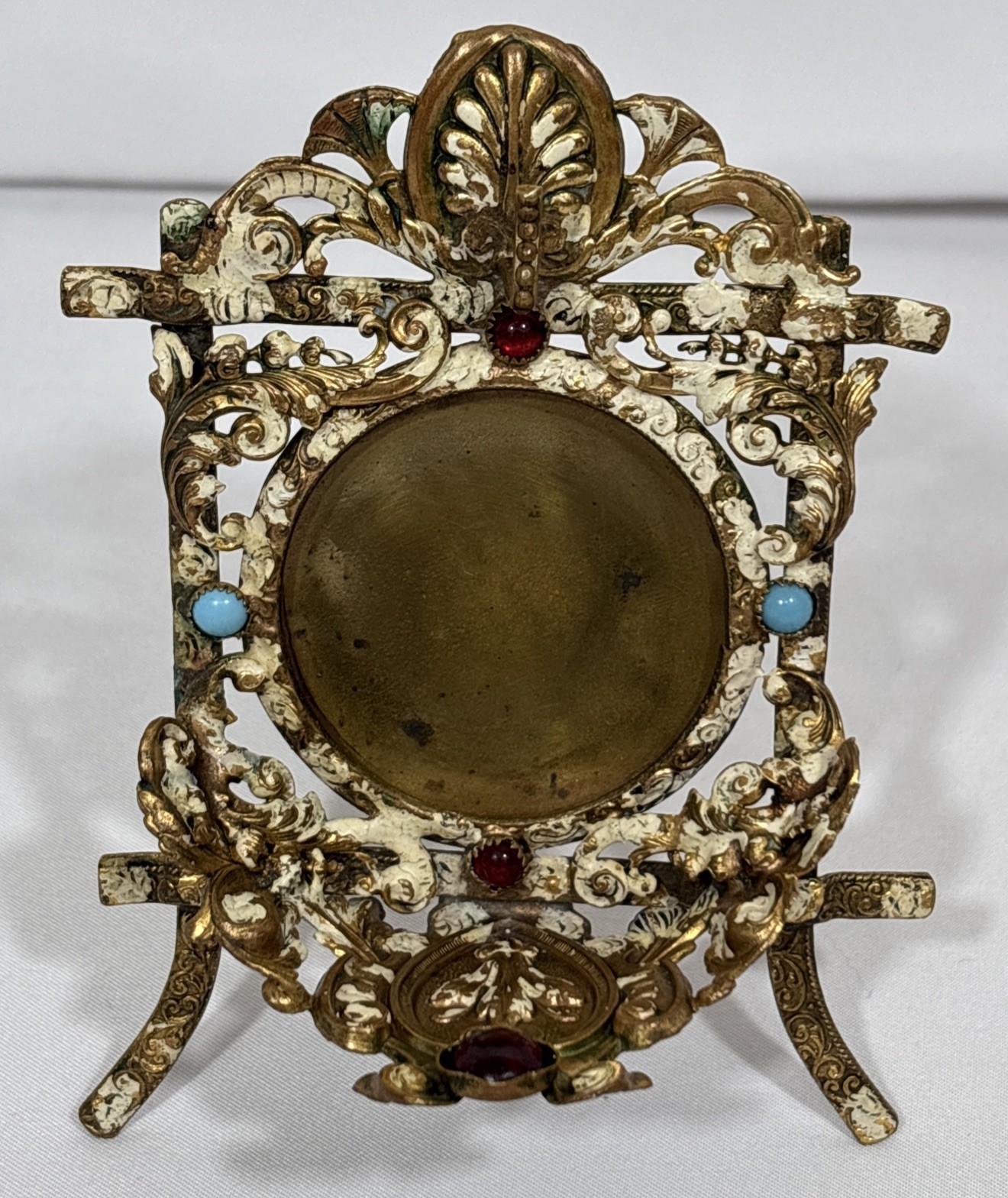 Antique Jeweled Enameled Brass Bronze Ormolu Pocket Watch Desk Stand