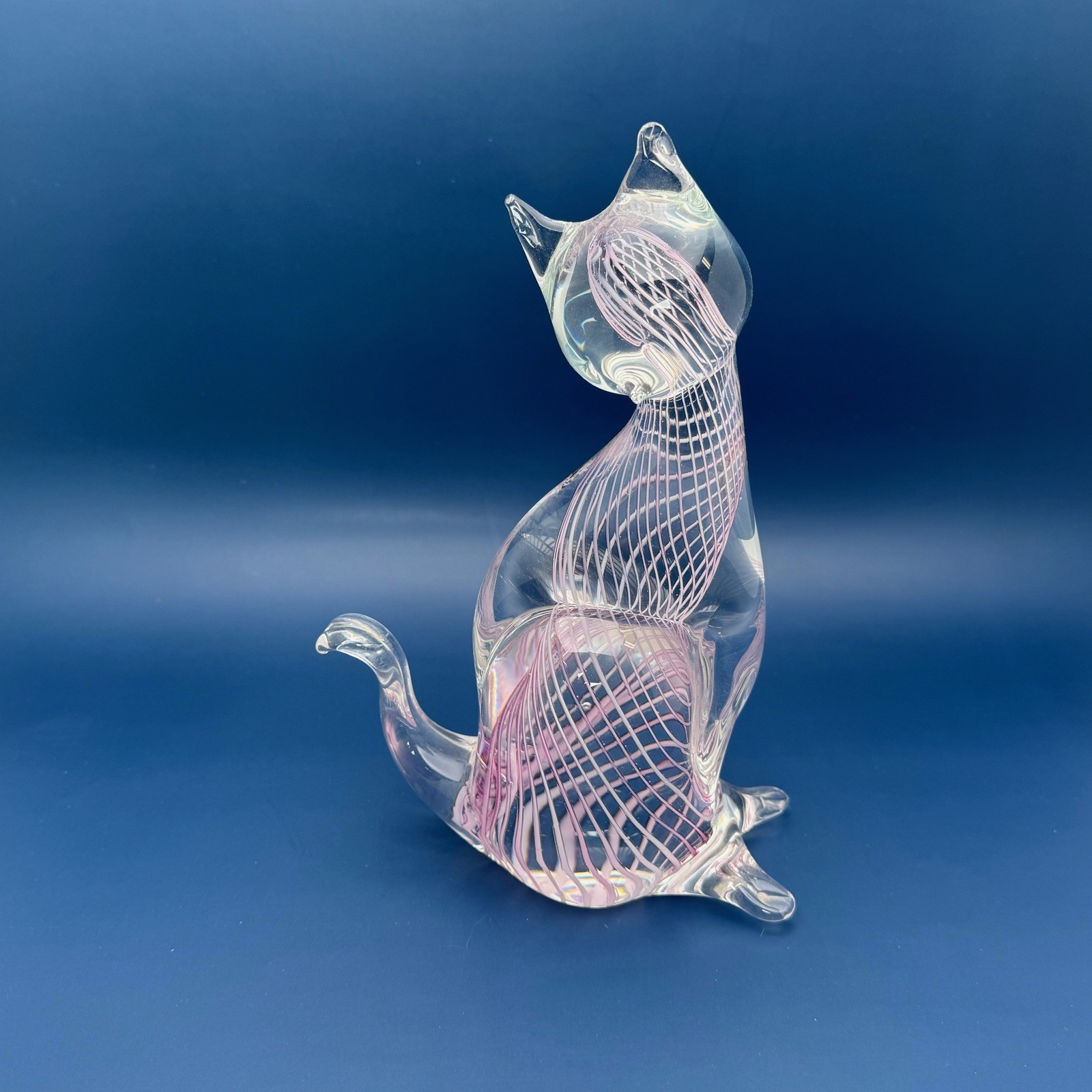 Vintage Murano Venezia Glass Pink Spiral Clear Cat Art Statue 8.5\