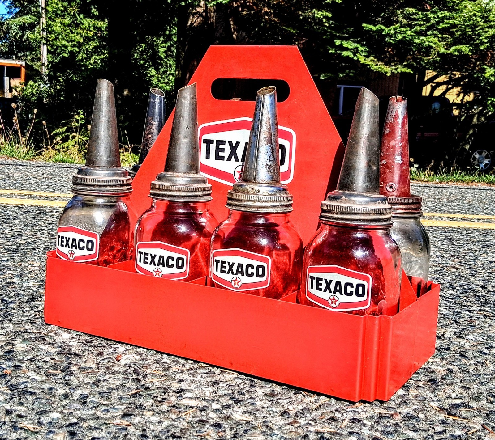 Vintage - Antique Texaco Gas Station Glass Oil Bottle Hand Sign Rack