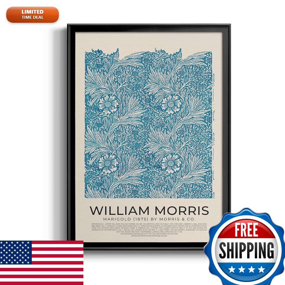 William Morris Blue Marigold Illustration (1875) Framed Ready to Hang Wall Art