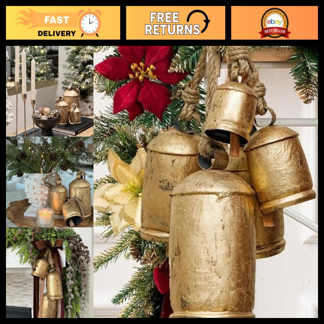 Rustic Vintage Christmas Cow Bells - Set of 3 Hanging Brass Decor, 6-10